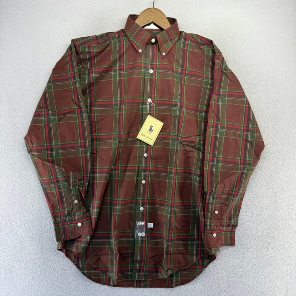 Vintage Ralph Lauren Button Down Mens 16-34 Large Red Plaid Oxford Deadstock 90s